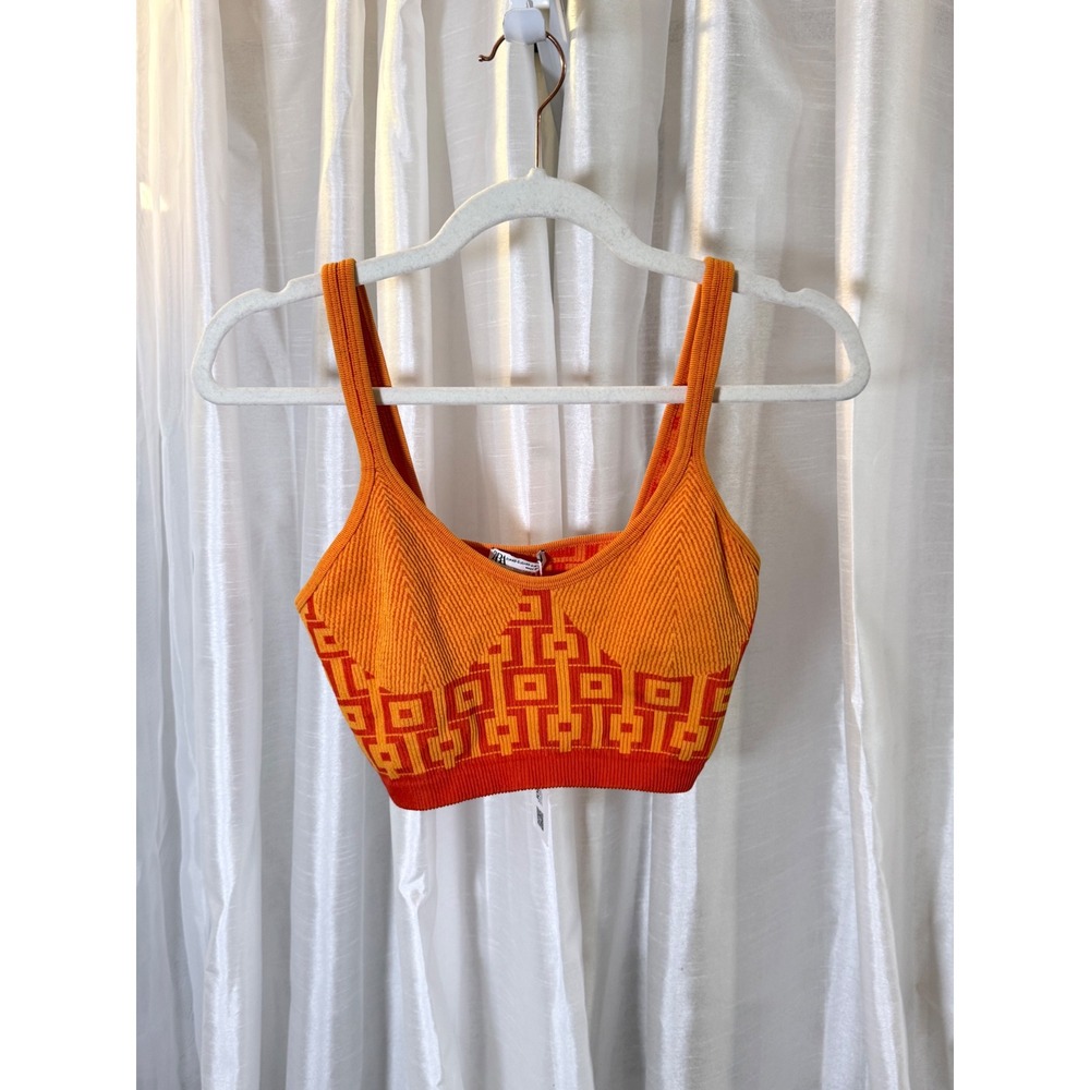 Zara Knit Crop Top Womens XS S Orange New Geometric Ribbed Tank 7901/597